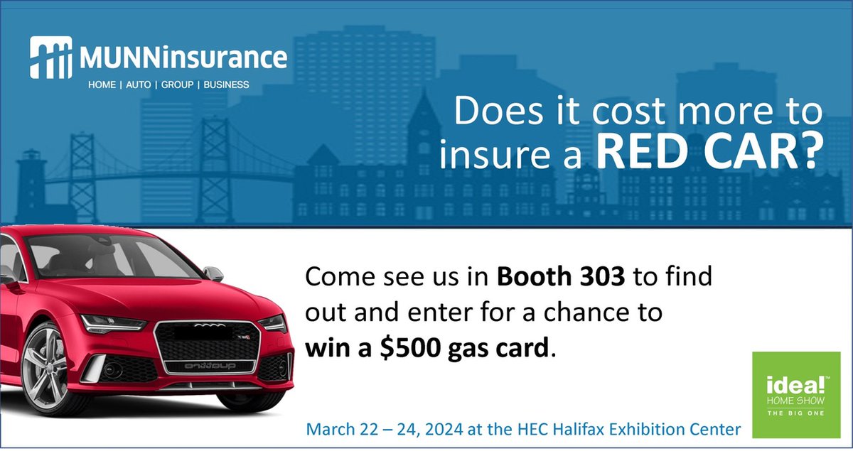 MunnInsurance's tweet image. 🚗💰 Curious about insurance? Visit the fine folks at Munn Insurance in Booth 303 at the Nova Scotia Spring Ideal Home Show! Find out if red cars do in fact cost more to insure and enter for a chance to win a $500 gas gift card! 🏠✨