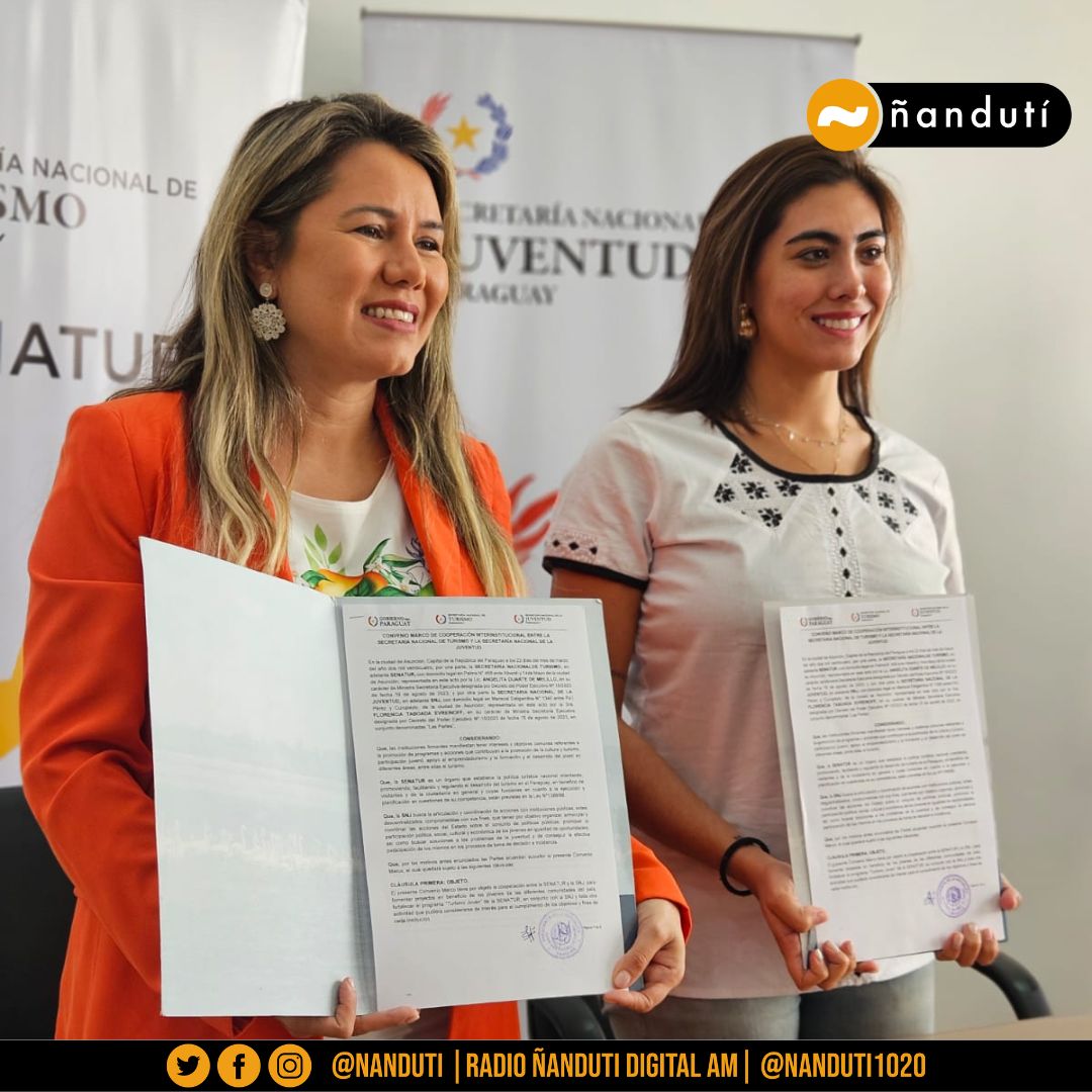 nanduti's tweet photo. 🫱🏻‍🫲🏼@Senatur_Py y la Secretaría de la Juventud(@SNJPy) suscriben convenio de cooperación

▪️El acuerdo tiene por objetivo beneficiar a jóvenes de distintas localidades y fortalecer el programa "Turismo Joven"

📻Vía @gustavo_RRR #1020AM https://t.co/joOUQ6WLqz