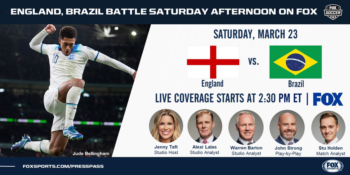 🏴󠁧󠁢󠁥󠁮󠁧󠁿 Saturday on FOX 🇧🇷 Watch England battle Brazil in a clash of soccer titans starting at 2:30 PM ET.