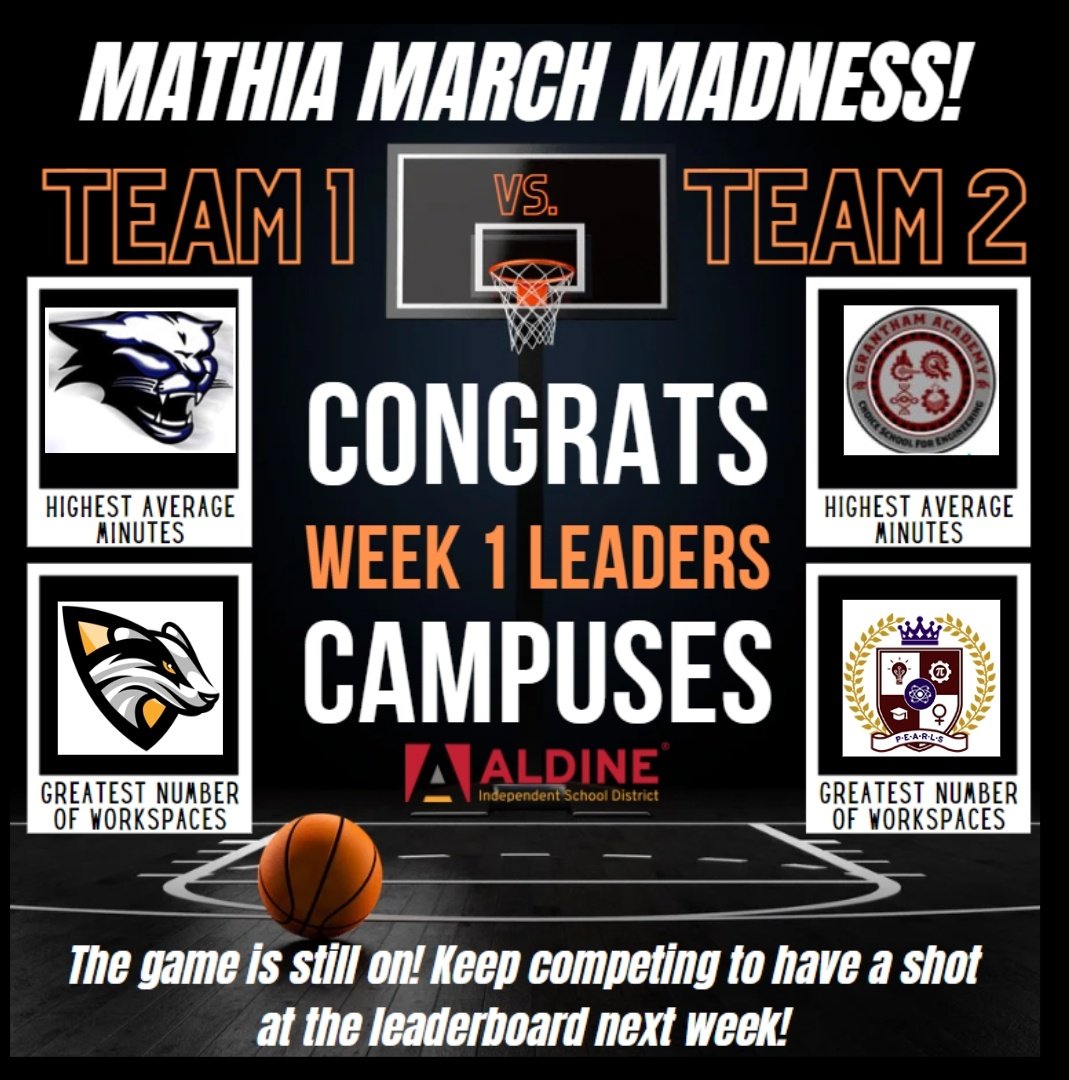 🏆SHOUT OUT to @PlummerMS_AISD @Drew_AISD @Grantham_AISD and @YWLA_AISD for crushing our weekly #MATHia challenge in #MyAldine. Students accumulated the most minutes and most workspaces! Let's see who wins this week! @STARS_902 @DrCrystalWatson @terridosborne @DrFavy