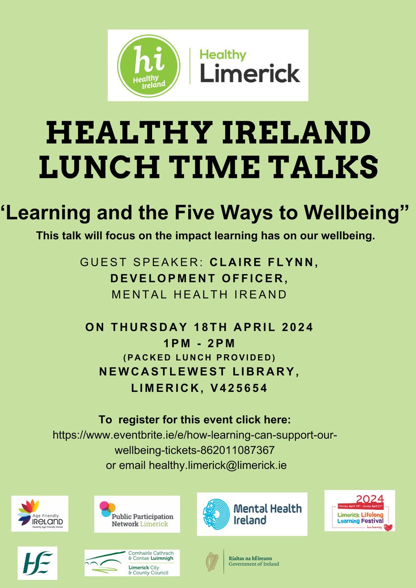 📢
HL presents a series of lunchtime talks as part of #LLLFestival2024  which takes place from 15th - 21st April 2024.
4th talk Wed 18th April “How learning can support our Wellbeing' 👇

To register click here: eventbrite.ie/e/how-learning…
#LLLFestival2024 #LearnGrowExplorein2024