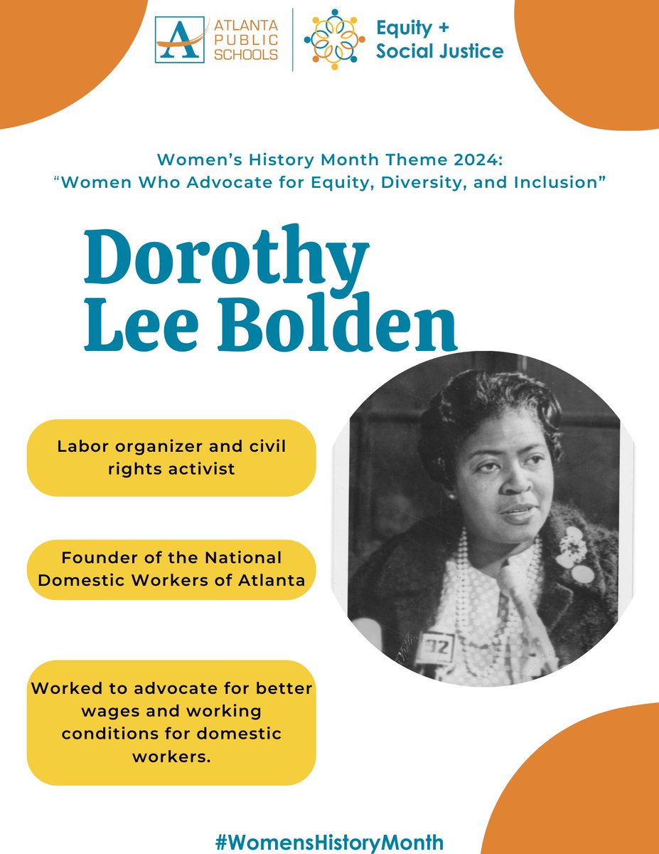 In the 1960s, #DorothyLeeBolden organized over 10,000 workers through the National Domestic Workers Union in Atlanta and fought for better working conditions at the height of the Civil Rights Movement. She became an influential political leader in the 1970s. #WomensHistoryMonth