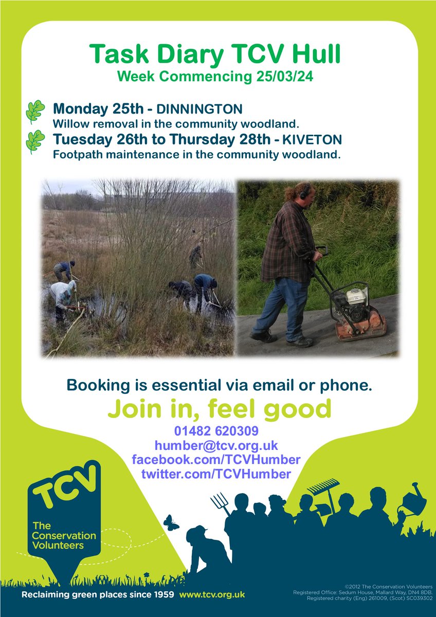 Here is our task programme for next week! Email/phone to book your place and #JoinInFeelGood #TCV #volunteering