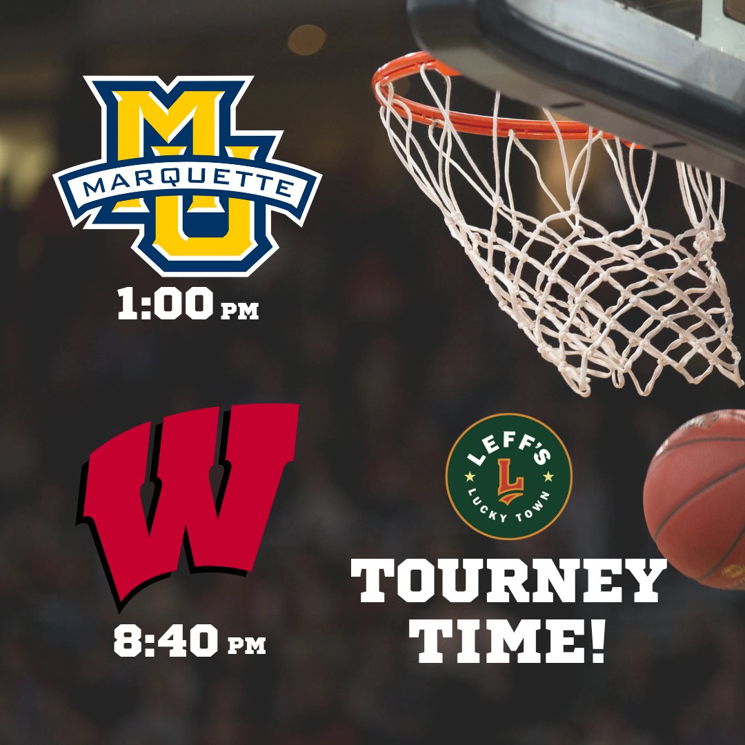 LeffsLuckyTown's tweet photo. More tourney action today! Don't let a little Spring snow stop you from all the fun. Showing all of the games today, and featuring Marquette at 1pm and the Badgers at 8:40pm. Let's go! #marchmadness #tournament #basketball #badgers #marquette https://t.co/qEYJyRq6qa