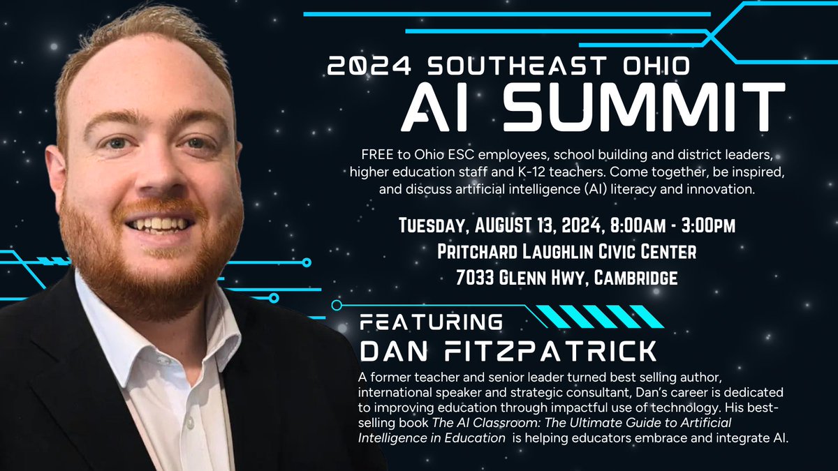 Attention ALL Ohio Educators! Don't miss this FREE event from @aiedu_org & @oesca Aug 13th in Cambridge, OH. Keynote is @theaieducatorX Register today for the SE Ohio AI Summit space is limited lnkd.in/edC3cwA5 @AppSTEMCollab @LeffingwellDan @TIESTeach @STEMecosystems
