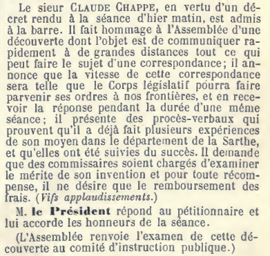 1792_1815's tweet photo. 22 mars 1792 #Chappe présente à l’#Assemblée #Législative son invention : le #télégraphe. « la vitesse de cette correspondance sera telle que le corps législatif pourra faire parvenir ses ordres à nos frontières et en recevoir la réponse pendant la durée d'une même séance » https://t.co/uxGni10GeZ