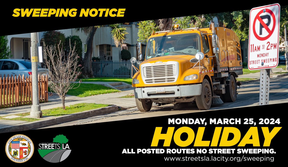 @LACity will observe #CesarChavezDay this coming Monday, March 25th. Our offices will be closed and there will be no street sweeping on that day. Sweeping will resume on regularly posted routes on Tuesday, March 26th. #AtYourService @lacitydpw