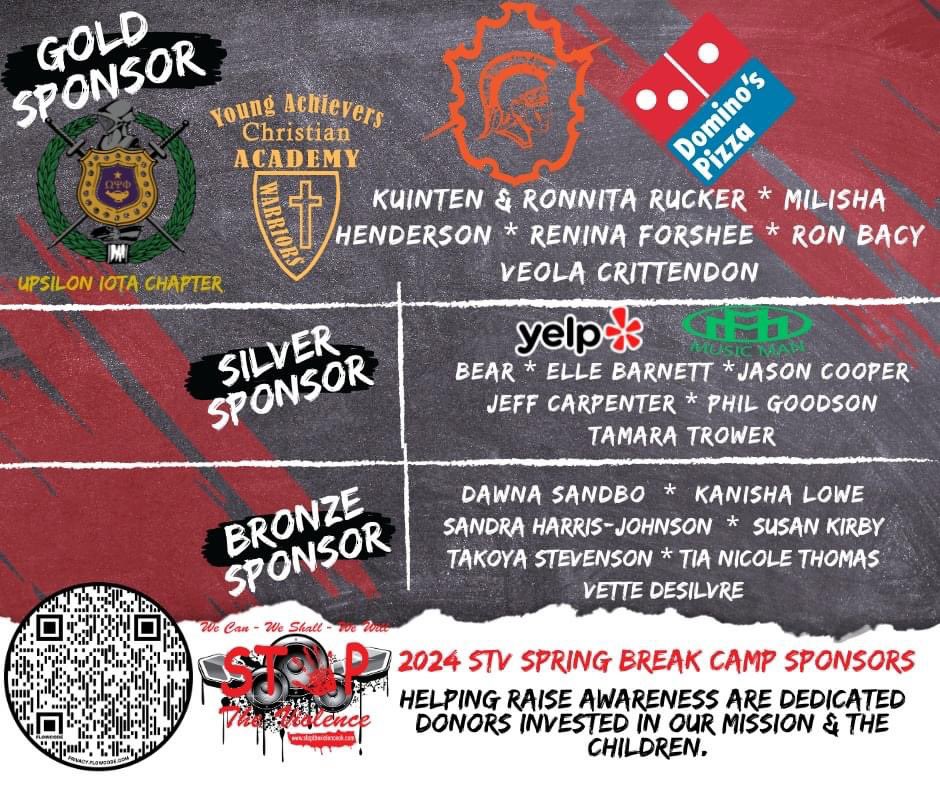 We are immensely grateful to all our generous sponsors who poured their support into our youth during the Stop The Violence 2024 Spring Break Camp.
Because of you, we were able to provide essential resources and nourishing meals to over 100 kids each day.

-Stop The Violence