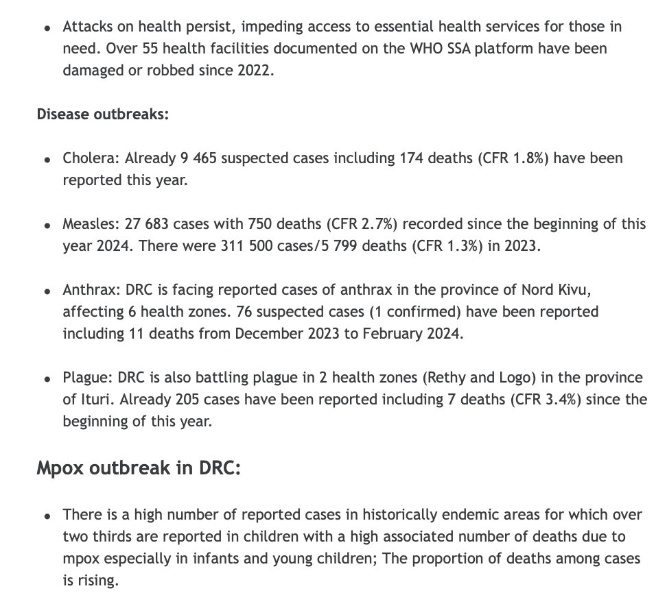 How much can one country suffer? War, poverty and hunger in DRC have forced nearly 10 million people from their homes -- and caused a proliferation of disease outbreaks. Over 55 health clinics have suffered attacks since 2022. A brief excerpt from a WHO report today: