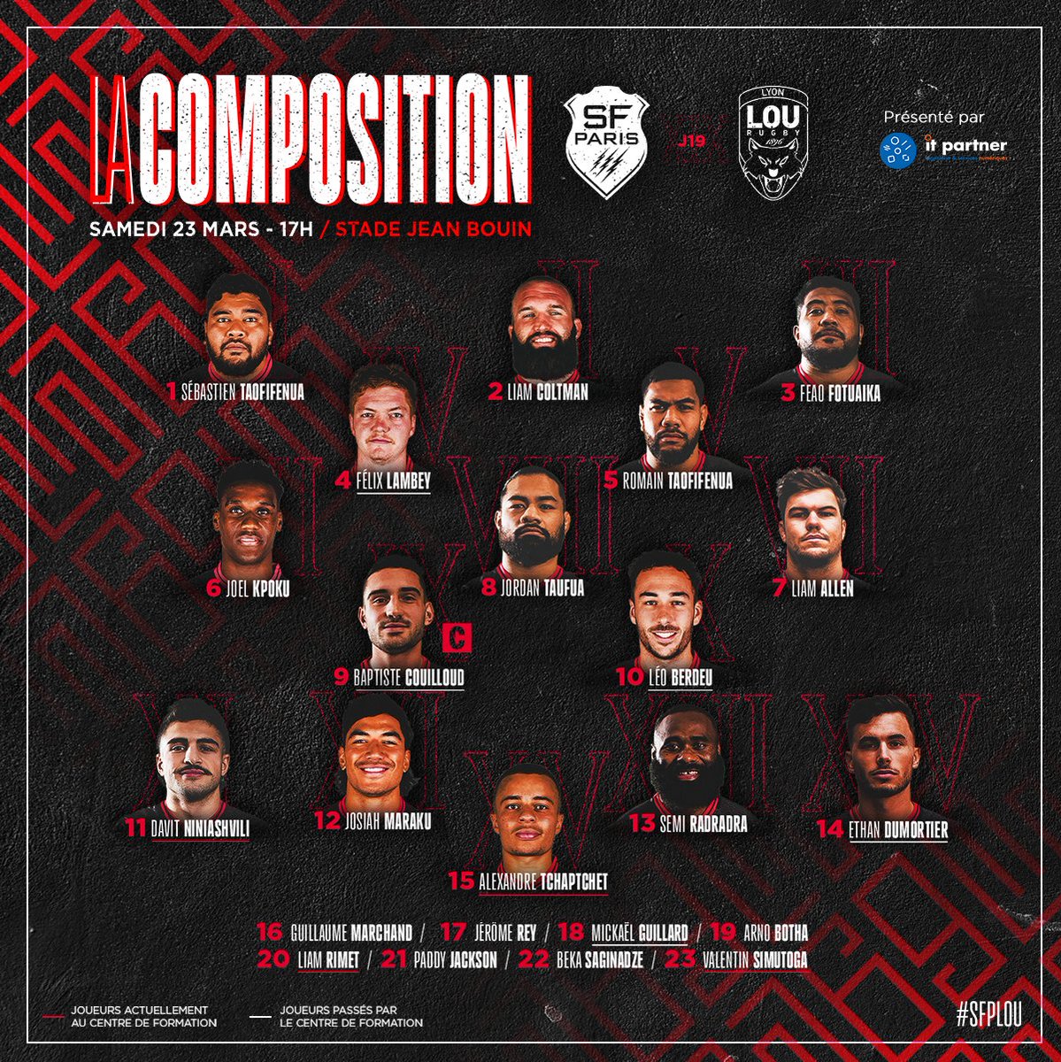 LeLOURugby's tweet photo. 𝐋𝐚 𝐜𝐨𝐦𝐩𝐨 𝐝𝐮 𝐋𝐎𝐔 🔥🐺
Voici les 23 Lyonnais sélectionnés pour affronter le Stade Français ce samedi (17h) !
De nombreux retours côté Rouge et Noir qui font plaisir 🥰
.
#LaForceDuLOU
#LaMeute https://t.co/La9IF6ciHq