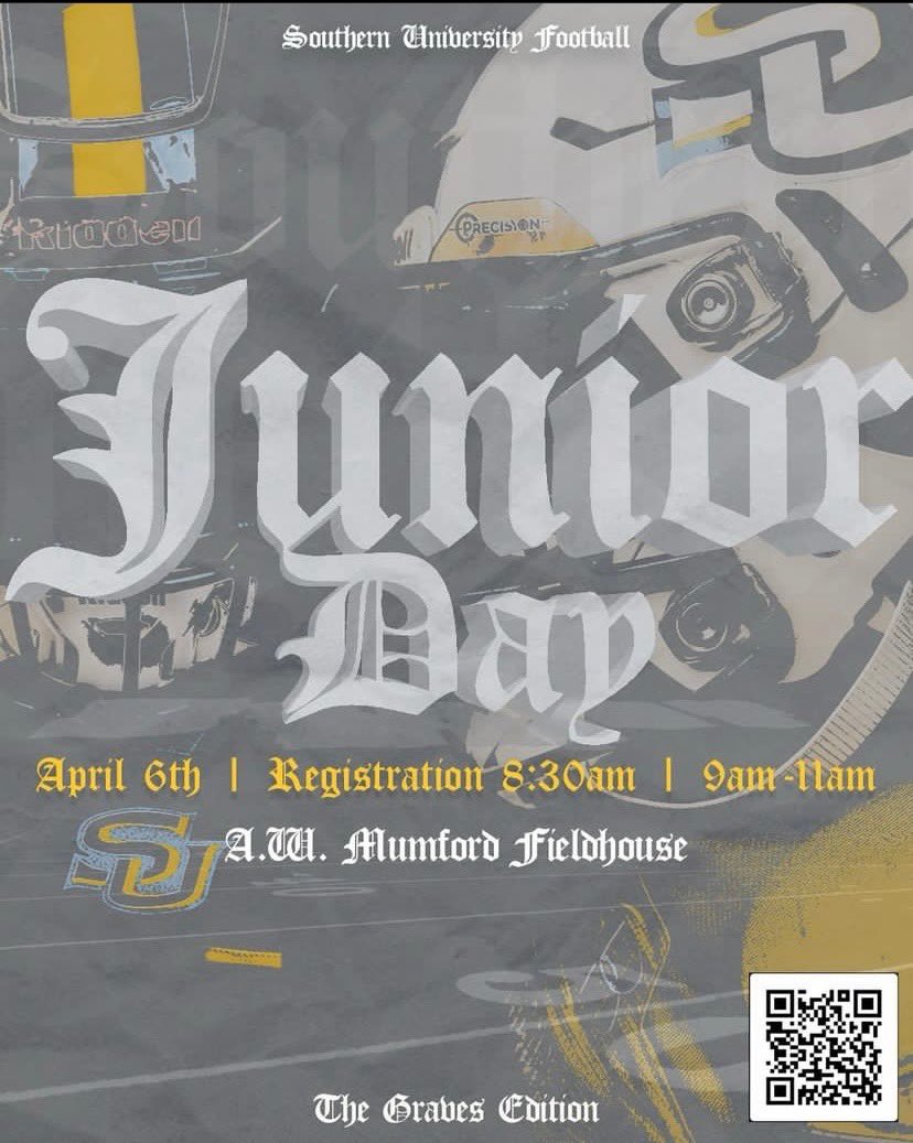 Bless to receive an invite to Southern University Junior Day!!
<a href="/Level3Sports1/">Level 3 Sports</a>  <a href="/GridironFootbal/">Gridiron Football®</a> <a href="/MarcusRandall19/">Marcus Randall</a> <a href="/pewfrmaringouin/">Pewfrmaringouin</a> @rbrown2_ <a href="/coach_brodie/">Skillz Evolution SOUTH - Craig Brodie</a> <a href="/CBROWNFIELD84/">Corey E. Brownfield</a>