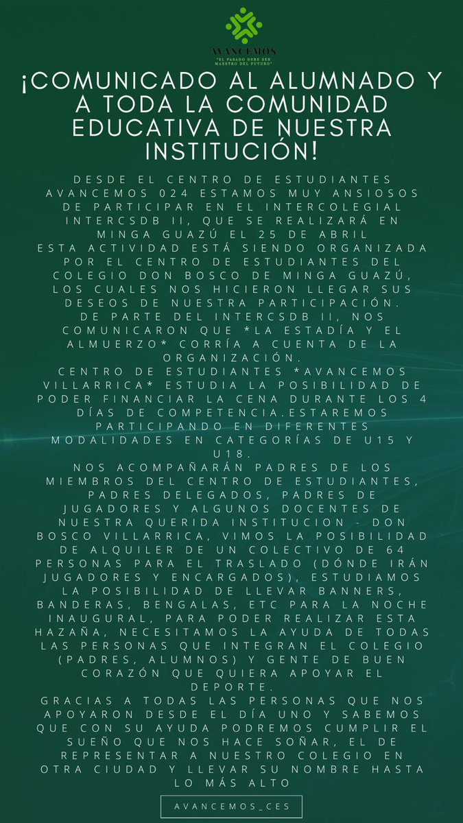 avancemos_ces's tweet photo. ¡ COMUNICADO A LA COMUNIDAD EDUCATIVA DE NUESTRA INSTITUCIÓN ! 💚 https://t.co/z1iZzlS9JR