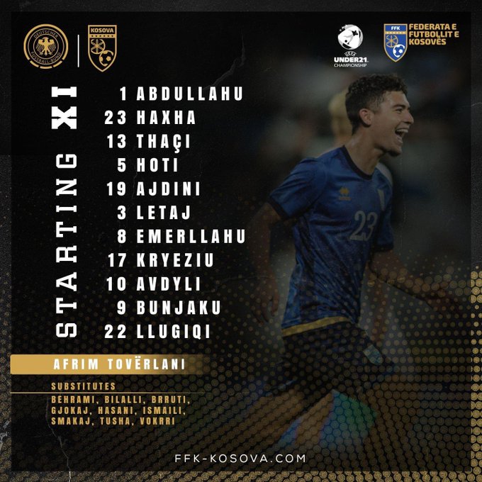 kosovanfooty_EN's tweet photo. 🇽🇰 Our U21's starting XI against Germany today!
The match starts at 6pm. https://t.co/j84V2e3uPf