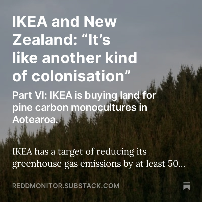 IKEA is planting monoculture pine plantations in New Zealand to offset its greenhouse gas emissions. The plantations will be clearcut to be made into IKEA furniture. 'It's corporate bullshit,' says local farmer Kerry Wornsnop. reddmonitor.substack.com/p/ikea-and-new…