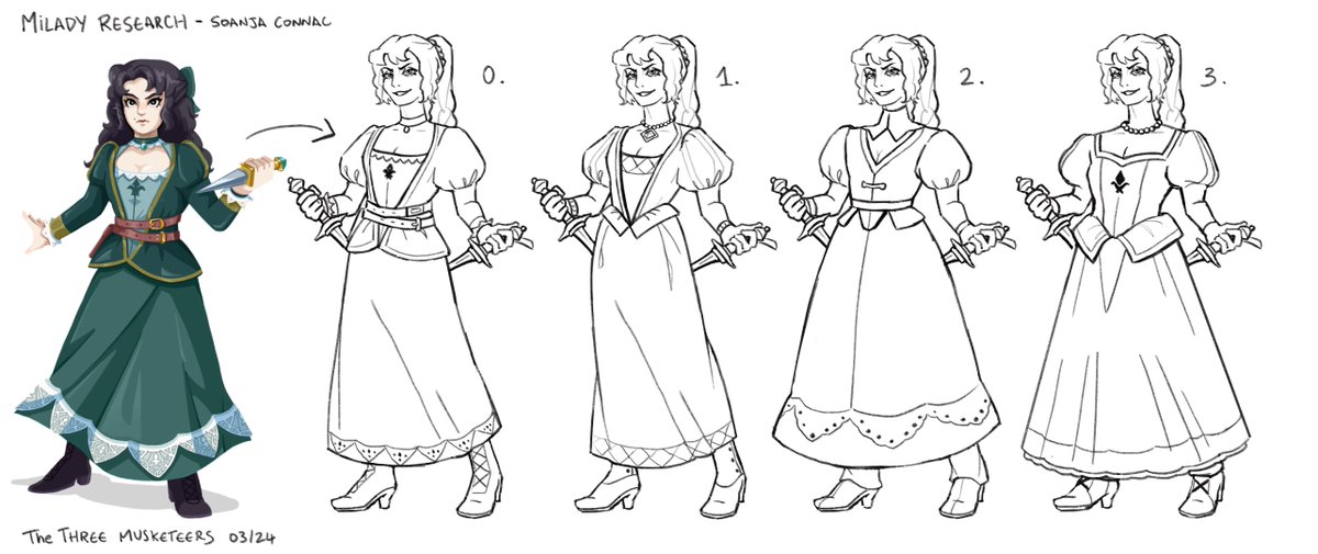 SenAm_Games's tweet photo. Our Versions of Milday de Winter in a long dress. 0,1,2 or 3 ? 🙃
In our vision she can take off the long skirt and have a more comfy fighting outfit. What do you say? 😊⚔️
#gamedev #ladywinter #miladydewinter #threemusketeers https://t.co/aBWs9lYFrL