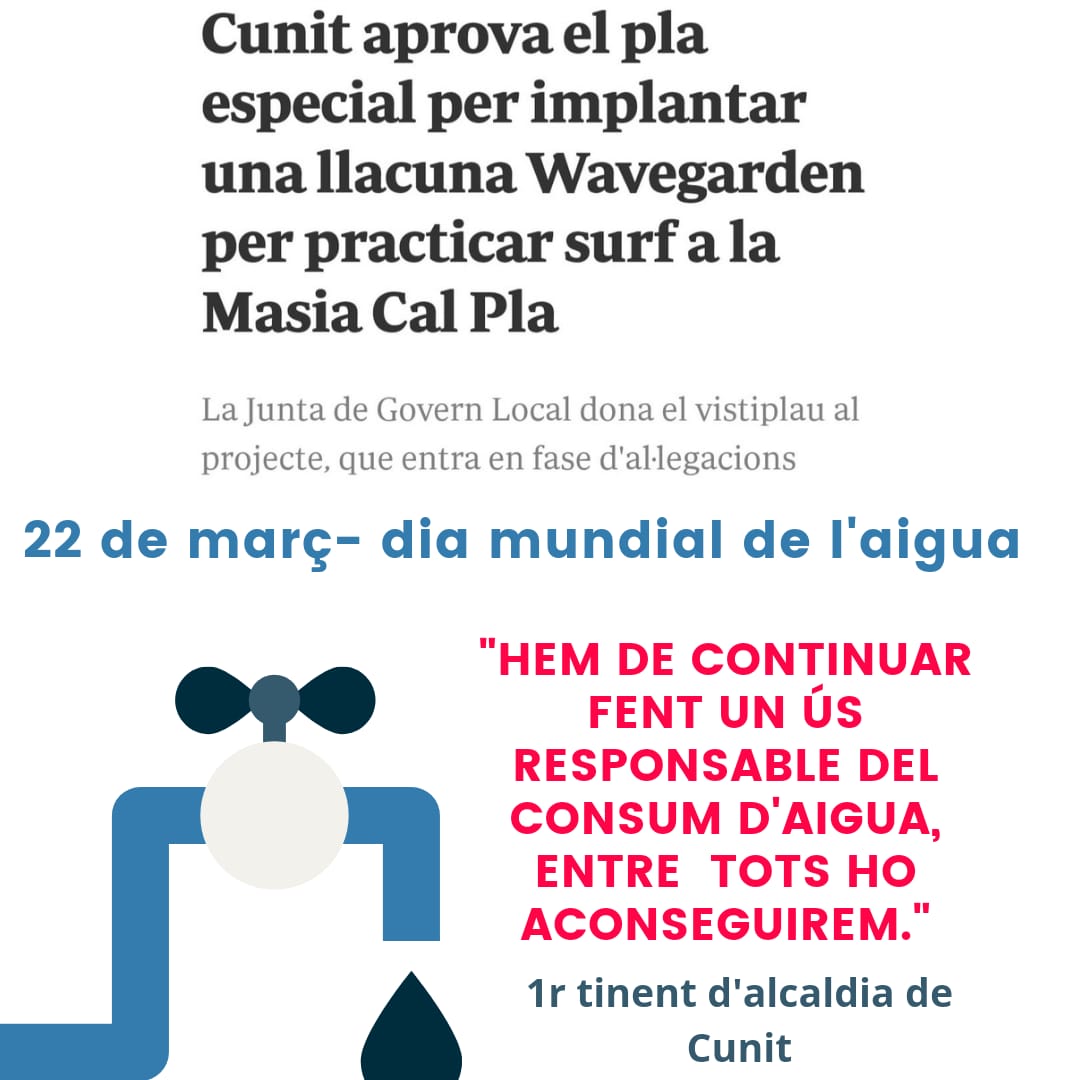 SOSPlanaCunit's tweet photo. Avui 22 de març es commemora el Dia Mundial de l'Aigua 💦💧
Malgrat ens trobem en una situació de greu sequera, el govern de #Cunit continua amb la voluntat de tirar endavant aquesta aberració.
Exigim que es retiri immediatament aquest projecte de l'agenda política!! https://t.co/umNCYcgboA