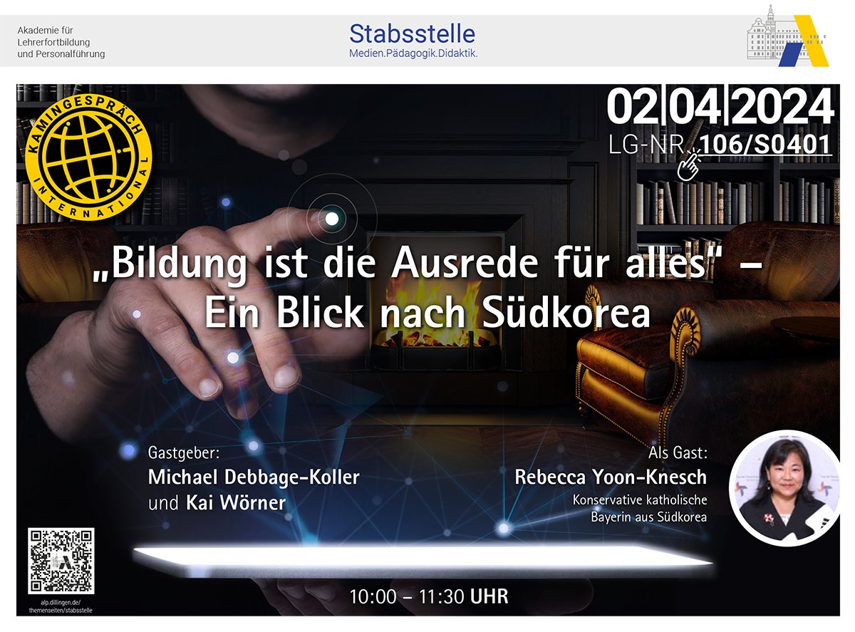 Aufgepasst! Zu ungewöhnlicher Zeit um 10 Uhr laden @DebbageMichael und @Woe_Real am 2.4. an den Kamin. Sie blicken zusammen mit Südkoreanerin Rebecca Yoon-Knesch auf ein Land zw. Tradition und Moderne. 🔥🇰🇷 Hier anmelden 👉 fibs.alp.dillingen.de/?event_id=3628… #twlz #BayernEdu #BdB @KM_Bayern