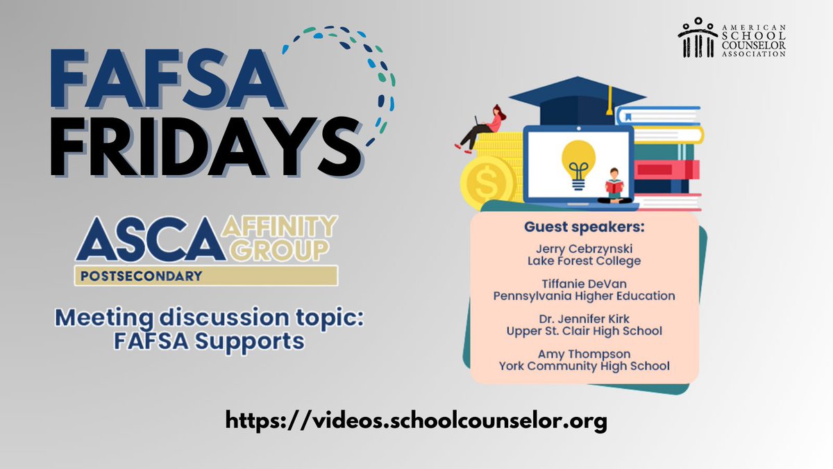 #FAFSAfridays: The Postsecondary Affinity Group hosted a panel discussion on FAFSA Supports in February. Panelists discussed trends in their schools and how to leverage state agencies and colleges to help students fill out their FAFSA. Watch here: bit.ly/3Vwy7TO