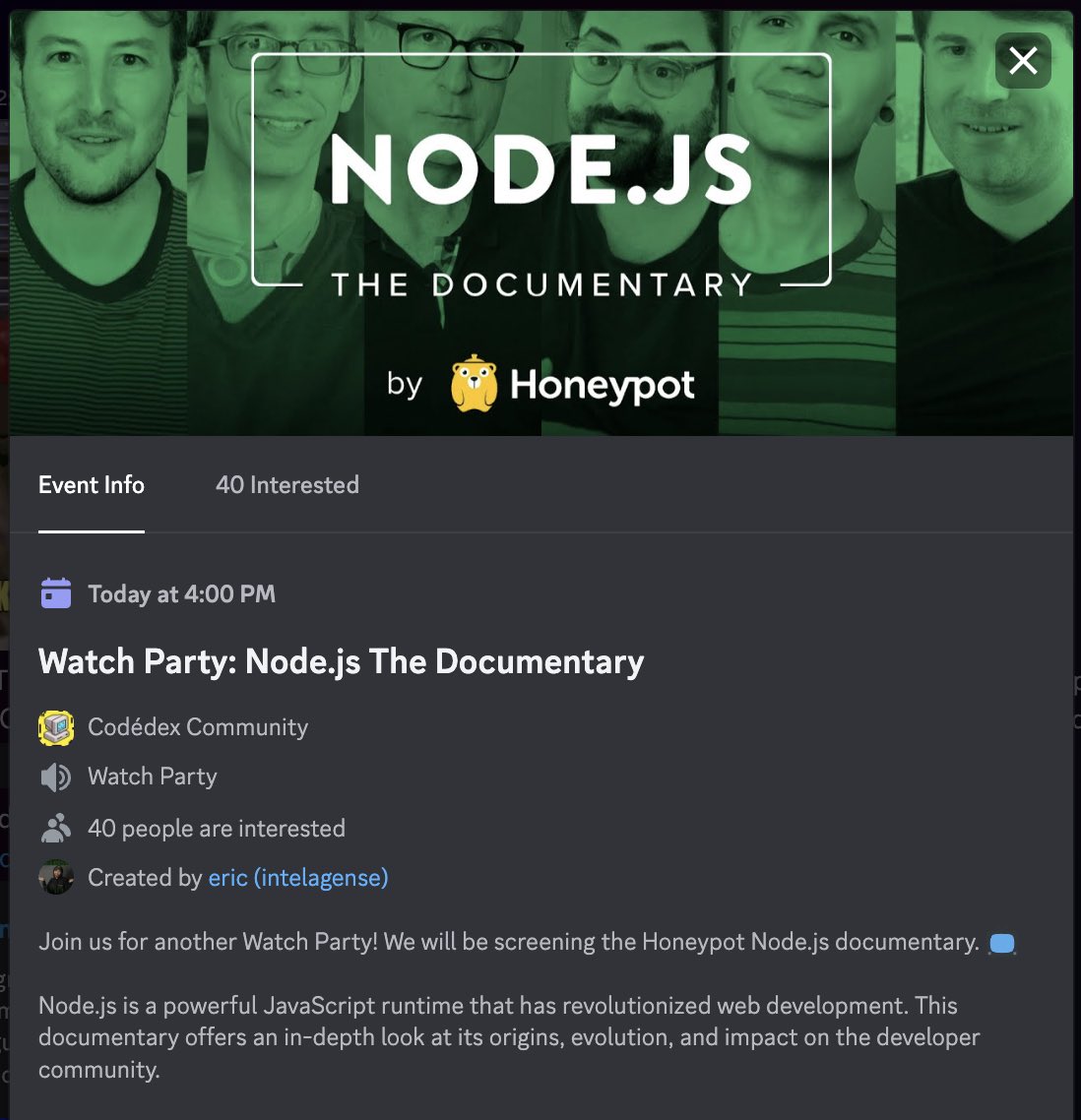 we’re screening the brand new Node.js documentary by @honeypotio at 4pm ET in our discord. rsvp and come hang! 🍿