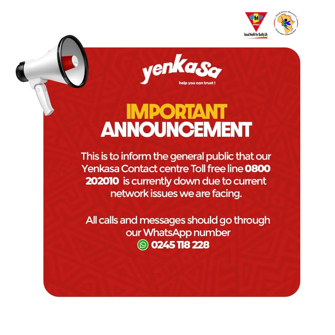 📣📣 IMPORTANT ANNOUNCEMENT 📣📣 Due to the general Internet challenges, our YENKASA CONTACT CENTER Toll Free number 0800202010 is unavailable. Kindly reach us with all your reproductive health concerns via our WhatsApp number: 024118228. Thank you. YENKASA, Help you can trust!