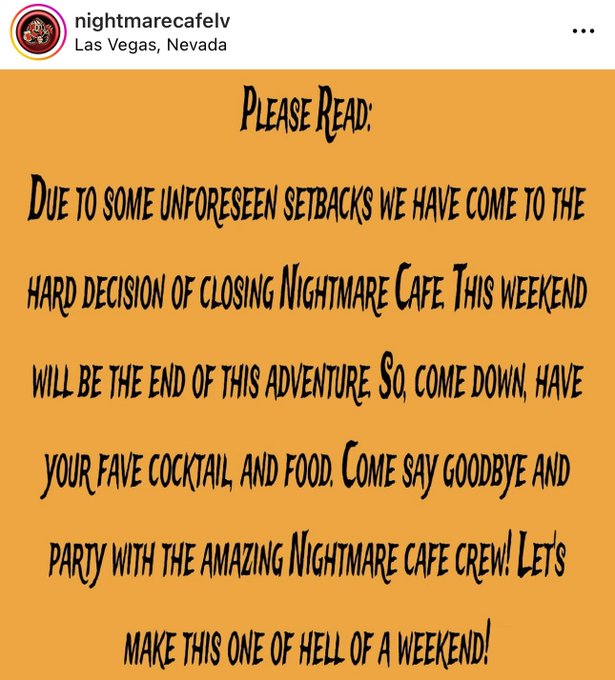 ANNOUNCEMENT: It is with a heavy heart to tell you all that we are closing Nightmare Cafe. Nightmare<a href="/tag/shirtoftheday"class="tags"><span>#shirtoftheday</span></a><a href="/tag/horrorwhore"class="tags"><span>#horrorwhore</span></a>