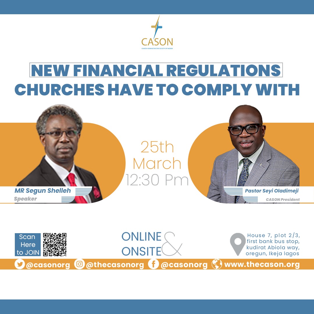 We are specially inviting you to this public lecture for churches and ministries, titled: NEW FINANCIAL REGULATIONS CHURCHES HAVE TO COMPLY WITH.

To join online, click the link: bit.ly/CASONPAPERPRES…

#church #ministries #public #lecture #churchadministrator #viral