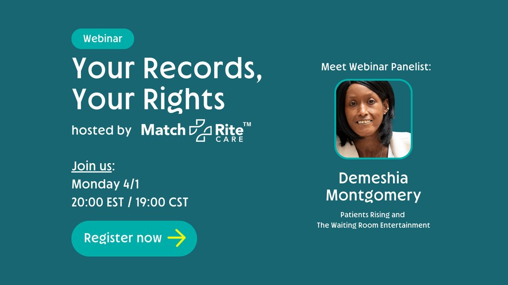 matchrite's tweet image. Join us for the "Your Records, Your Rights" webinar on April 1st, hosted by MatchRite Care™. Our first announced panelist is Demeshia Montgomery! Demeshia is a speaker advocating for the systemic sclerosis &amp;amp; rare disease community. Register now: shorturl.at/bdnwQ #webinar