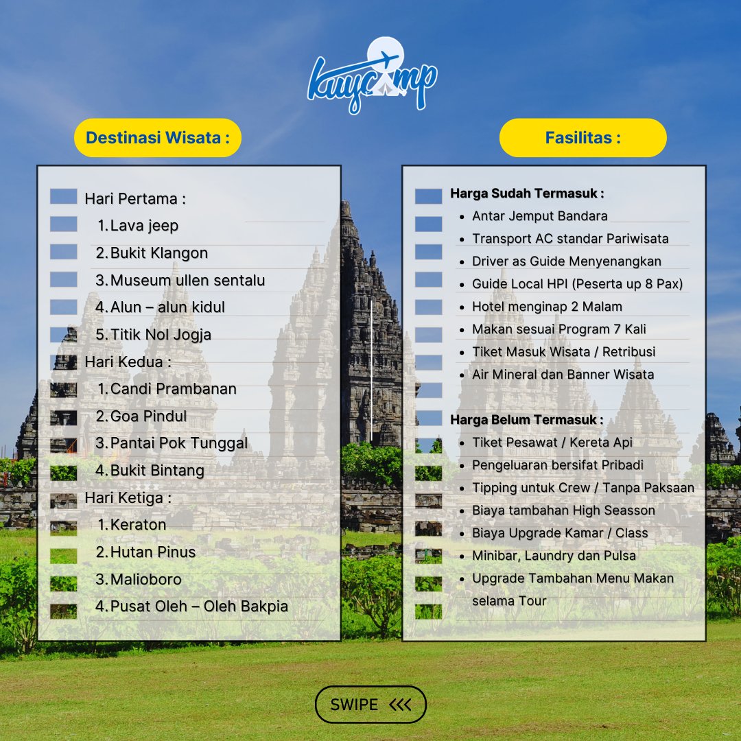 kuycamp_id's tweet photo. 𝙋𝘼𝙆𝙀𝙏 𝙒𝙄𝙎𝘼𝙏𝘼 𝙅𝙊𝙂𝙅𝘼 𝟯 𝙃𝘼𝙍𝙄 𝟮 𝙈𝘼𝙇𝘼𝙈
Jogja adalah salah satu kota yang banyak dikunjungi wisatawan.  "Jogja terbuat dari rindu, pulang, dan angkringan."
#jogjakarta #Jogja #Indonesia
.
Prabowo Anies Surya Paloh Gempa Kerasa Tuban #UniqloRamadan https://t.co/9bX2bY9k22
