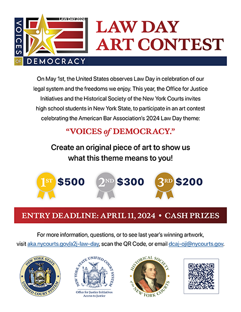 OJI &amp; the Historical Society of the NY Courts invite NYS HS students to enter an art contest inspired by ABA #LawDay theme, Voices of Democracy. Enter by 04/11/24. Winners announced 05/01/24. Cash prizes! aka.nycourts.gov/a2j-law-day <a href="/NYLegal_History/">Historical Society of the NY Courts</a> <a href="/NYSEDNews/">NYS Education Department</a> <a href="/ABAesq/">American Bar Association</a>