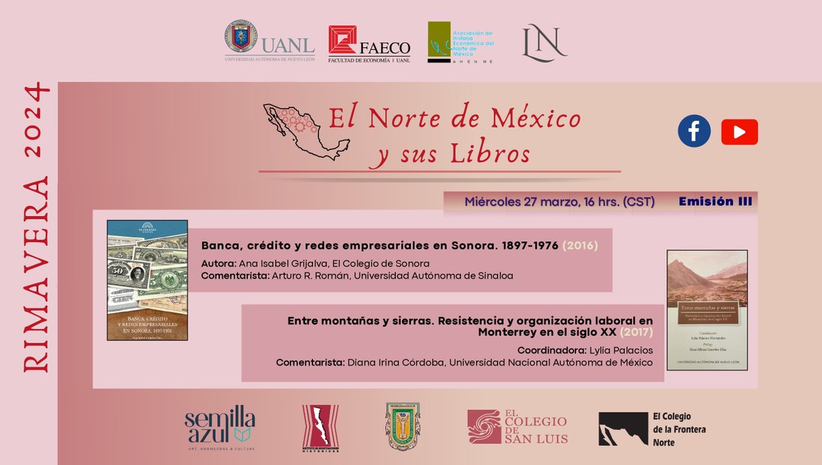 HISTORICAS_UABC's tweet photo. ¡Próxima semana!
III Emisión del Ciclo "El Norte de México y sus Libros".
Transmisión a través de las redes oficiales de las Instituciones participantes.
Miércoles 27 de marzo | 15 horas (Tijuana)
#UANL, #FAECO, #AHENME, #SEMILLAAZUL, #COLSAN, #ELCOLEF, #IIHUABC. https://t.co/0vZWcArzgy