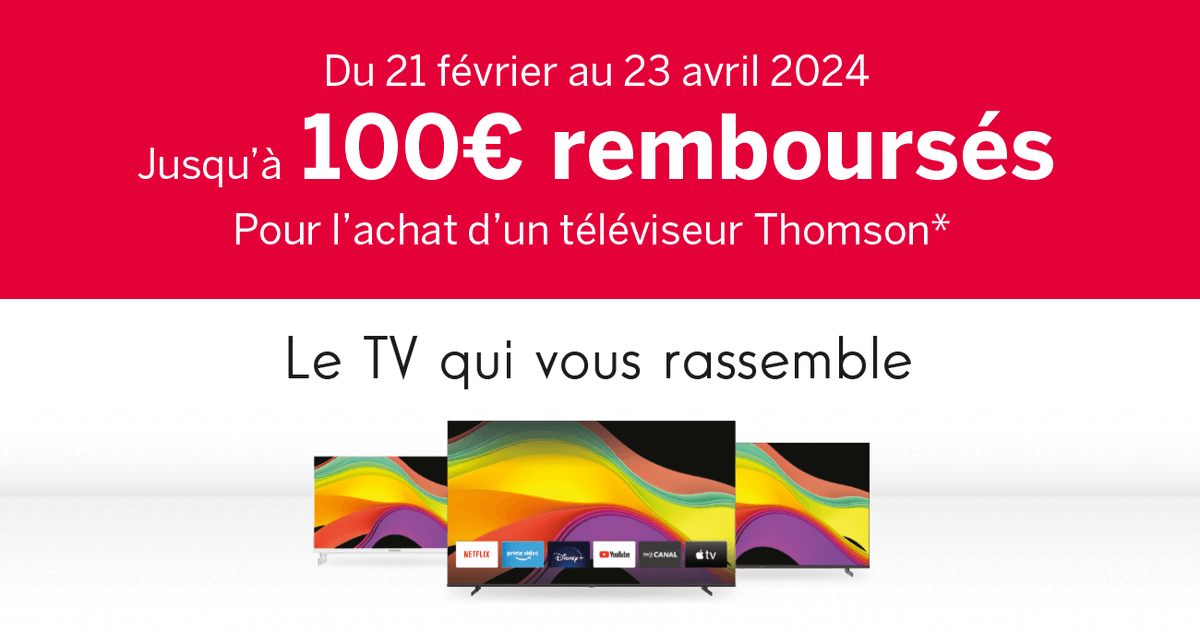 Jusqu'au 23 avril 2024, bénéficiez d'une offre de remboursement allant jusqu´à 100€ sur une sélection de TV #Thomson ! 🤩 Et bien sûr, il y en a pour tous les goûts ! 😉 ▶️ ubaldi.com/offre-de-rembo… #ThomsonTV #ThomsonRenew #BonPlan #PROMO