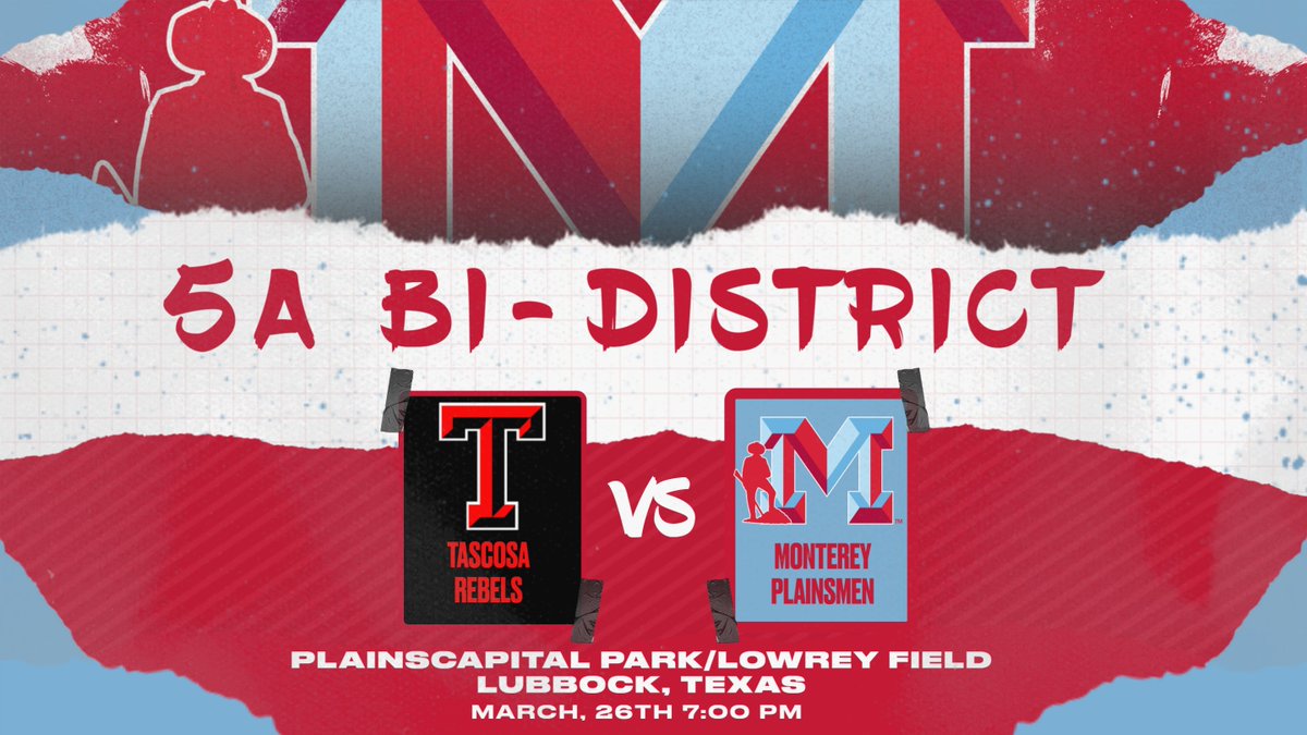 5A Boys Soccer Playoffs TASCOSA vs MONTEREY Site: PlainsCapital Park/Lowrey Field Date: Tues., 3/26 Time: 7:00 PM Tickets$5 Adult $3 Student: NO CASH Click below: events.hometownticketing.com/organization/9… @LubbockISD @MontereyHS