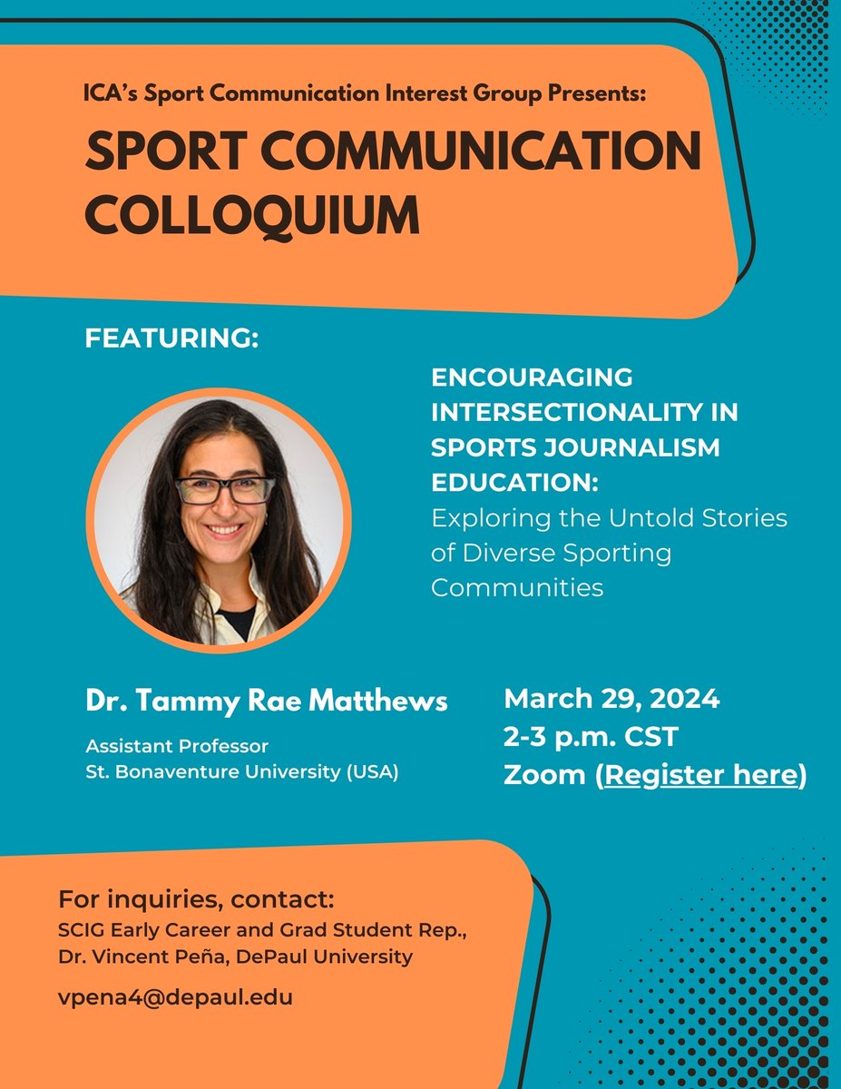 Please join our first-ever @ICASportComm Sport Communication Colloquium, featuring @tammyraeprof! 3/29, 2pm CT. Open to all, but registration required for Zoom access: tinyurl.com/28d5vgn8