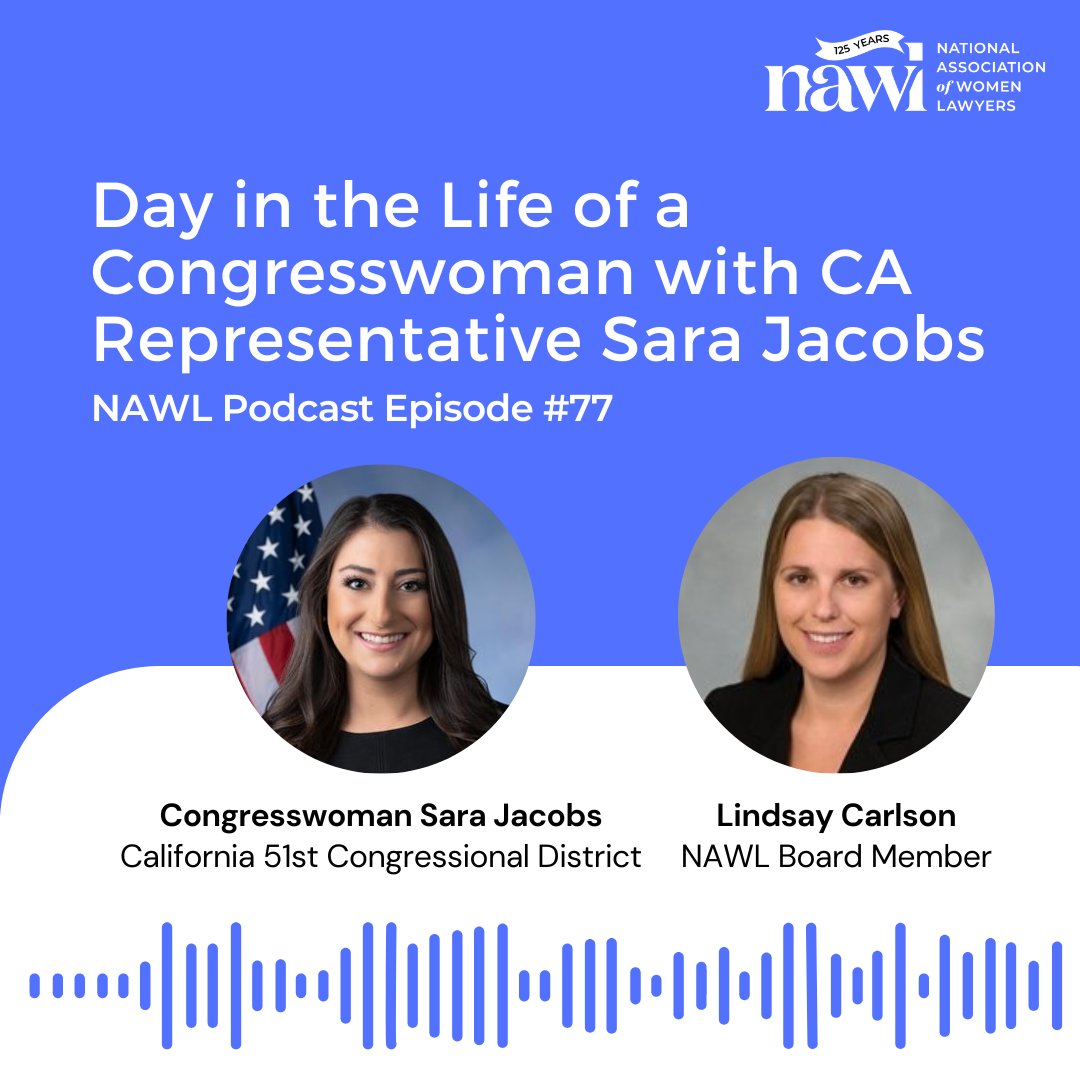 Listen to the latest #NAWLPodcast episode, NAWL Board Member, Lindsay Carlson, speaks with Congresswoman Sara Jacobs who represents California's 51st Congressional District. Listen here: nawl.org/podcast

#NAWLWomeninLaw #Podcast #Congress #ReproductiveJustice