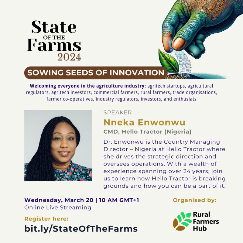 Dr. Nneka Enwonwu, Hello Tractor's Country Managing Director in Nigeria, reiterated our company's commitment to collaborating with partners across the Agricultural value chain at the #StateOfTheFarms symposium organised by @ruralfarmshub. Watch here: bit.ly/3x4sYbp