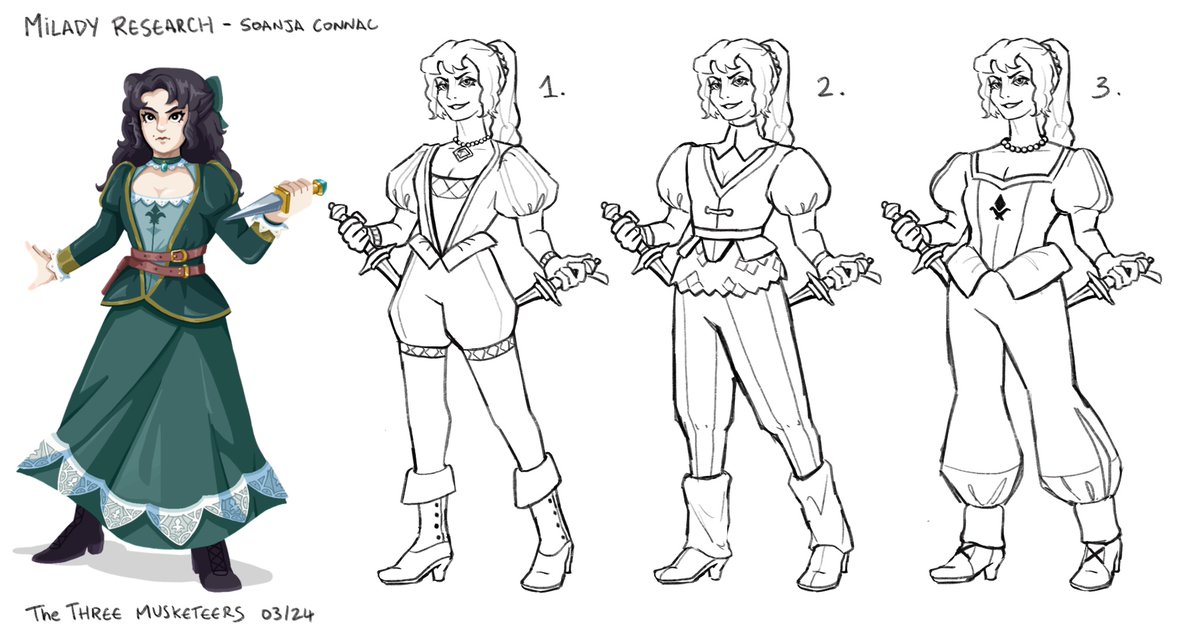 SenAm_Games's tweet photo. Our Versions of Milday de Winter in a long dress. 0,1,2 or 3 ? 🙃
In our vision she can take off the long skirt and have a more comfy fighting outfit. What do you say? 😊⚔️
#gamedev #ladywinter #miladydewinter #threemusketeers https://t.co/aBWs9lYFrL
