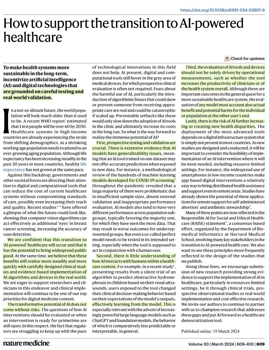 Eric Topol (@erictopol) on Twitter photo We can't get to #AI-powered healthcare without compelling prospective clinical trial evidence in the real world of medical care
nature.com/articles/s4159… <a href="/NatureMedicine/">Nature Medicine</a> We can't get to #AI-powered healthcare without compelling prospective clinical trial evidence in the real world of medical care
nature.com/articles/s4159… <a href="/NatureMedicine/">Nature Medicine</a>