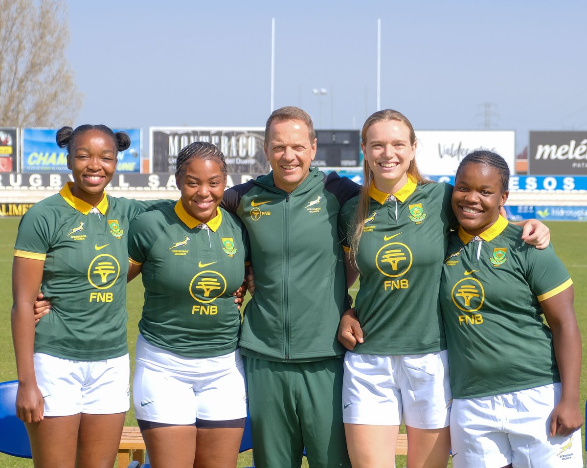 WomenBoks's tweet photo. Your four #BokWomen debutants for tomorrow's test against @ferugby in Valladolid. 
Pictured from left to right: Anathi Qolo, Aliyah Tchogna-Njamen, coach Louis Koen, Samantha Els and Xoliswa Khuzwayo.
Best of luck and congratulations to them! 
#MakeItCount #ETTIG 
@fnbsa https://t.co/ck77a1a9Z3