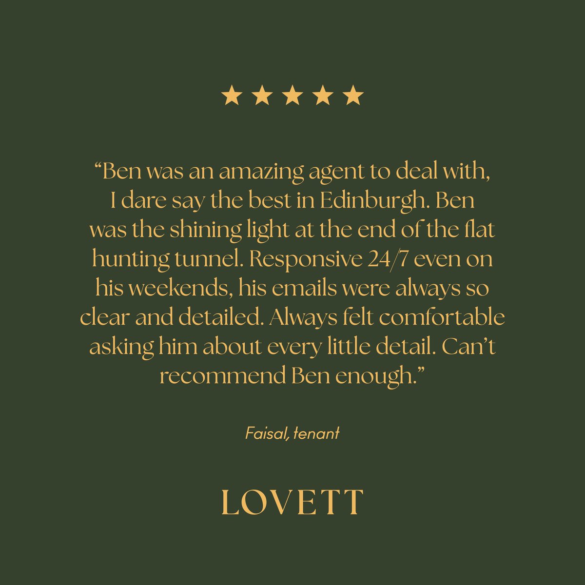 ⭐️ ⭐️ ⭐️ ⭐️ ⭐️

5 star review received!

⭐️ ⭐️ ⭐️ ⭐️ ⭐️

#Edinburgh #Property #EdinburghProperty #ForRentEdinburgh #PropertyManagement #PropertyLettings #LovettEdinburgh #LettingAgent #PropertyManager #Landlords #RealEstate #Properties #Lettings #RealEstateAgent #PropertyManagers