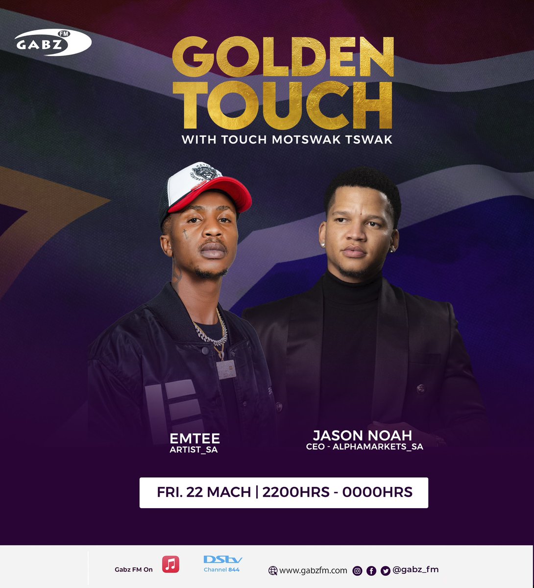 Tonight we're excited to have a special broadcast with Emtee and JasonNoah from South Africa! Tune in to Golden Touch from 10:00 PM to hear their latest tracks and stories from their music careers. We can't wait to hear what they have to say! #PowerToEngageYourWorld