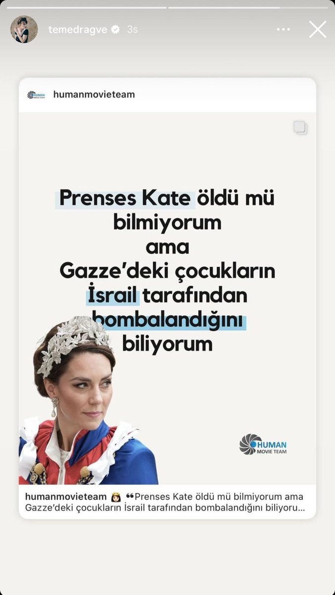 medyamuhtari's tweet photo. 🔴 Dizi oyuncusu Demet Evgar:

◾ "Prenses Kate öldü mü bilmiyorum ama,
Gazze'de ki çocukların İsrail tarafından bombalandığını biliyorum." https://t.co/x0MacmCsuC