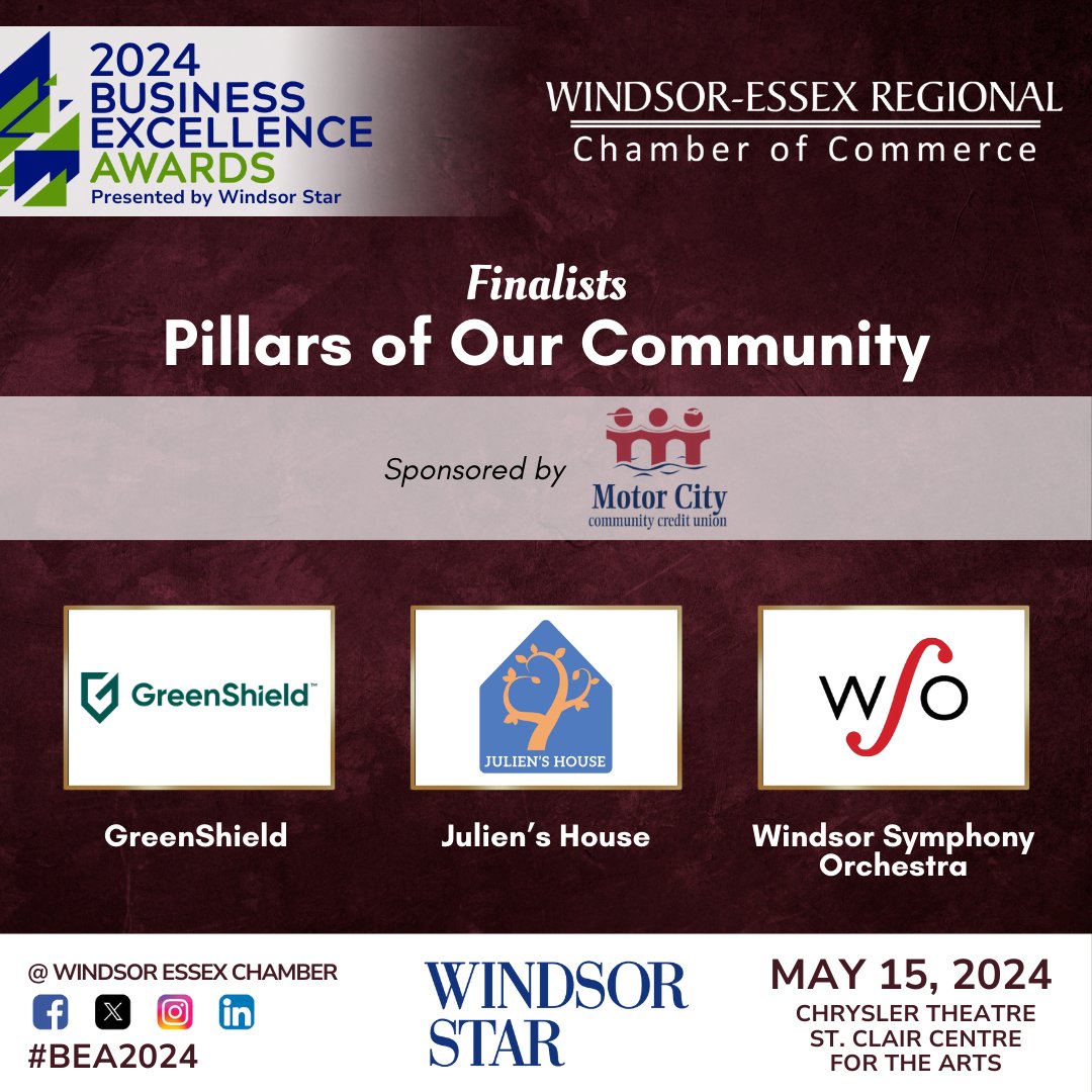 Join the <a href="/WERCofC/">Windsor Essex Chamber of Commerce</a> in celebrating this year's Pillars of Our Community Finalists, sponsored by <a href="/MotorCityCCU/">MotorCityCommunityCU</a>. Good luck to <a href="/GreenShieldCo/">GreenShield</a>, Julien's House, and <a href="/WindsorSymphony/">Windsor Symphony Orchestra</a>.

Get your tickets now for the 2024 BEA, sponsored by <a href="/TheWindsorStar/">The Windsor Star</a>: bit.ly/2024BEA

#BEA2024