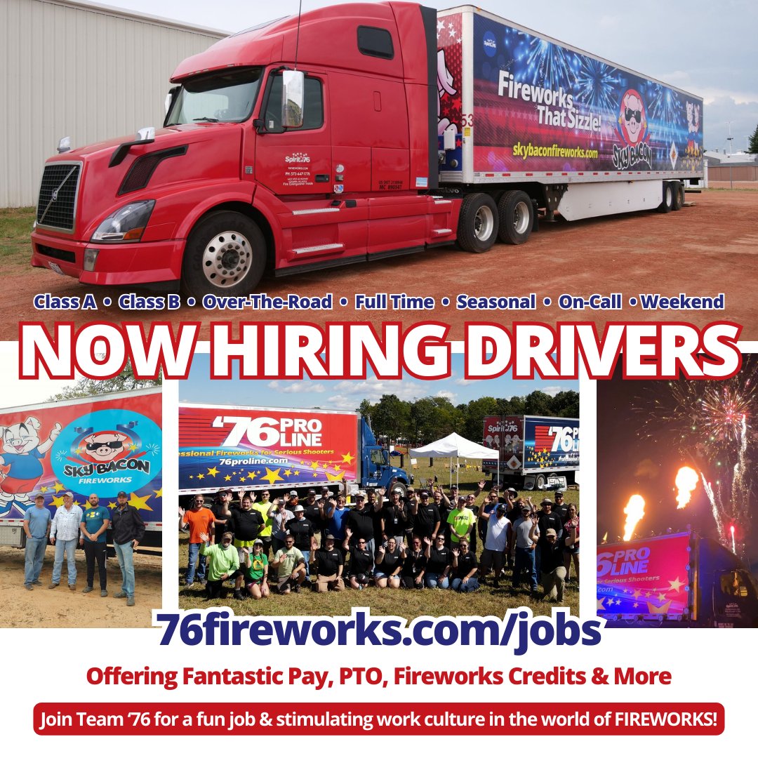 Team '76 is HIRING DRIVERS in mid-MO! 🚚💥 Learn more &amp; apply at 76fireworks.com/jobs. We are seeking Class A &amp; B drivers out of Boonville. Full-time, Seasonal, On-Call &amp; Weekend positions are available.

#nowhiring #trucking #truckdrivers #missourijobs #OTR #careers #missouri