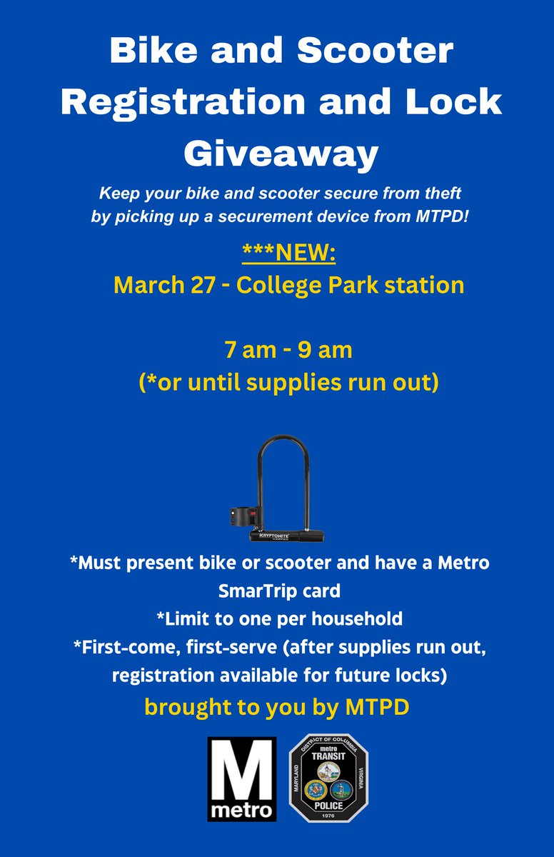 Hey bike & scooter fans! Need a lock to keep your ride secure? Swing by College Park Metro station on 3/27 from 7-9 am to pick up a lock! Just bring your bike/scooter & your SmarTrip card. See you there! #wmata