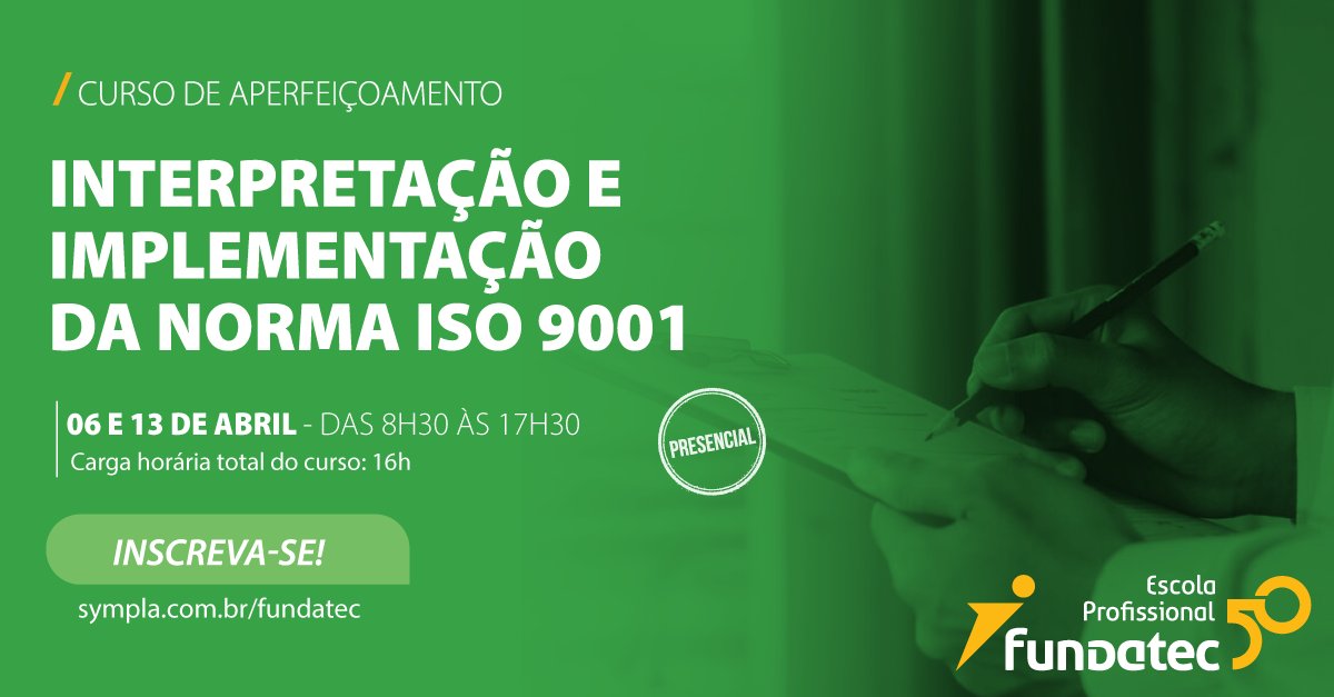 Fundatec's tweet photo. Você atua em Sistemas de Gestão da Qualidade ou busca atuação profissional na área? Então inscreva-se no nosso Curso de Aperfeiçoamento: Interpretação e Implementação da ISO 9001!
📲 Mais informações no link: https://t.co/vke7Ln58yC
#NormaISO #ISO9001 #Fundatec https://t.co/jI8NVh3dl5