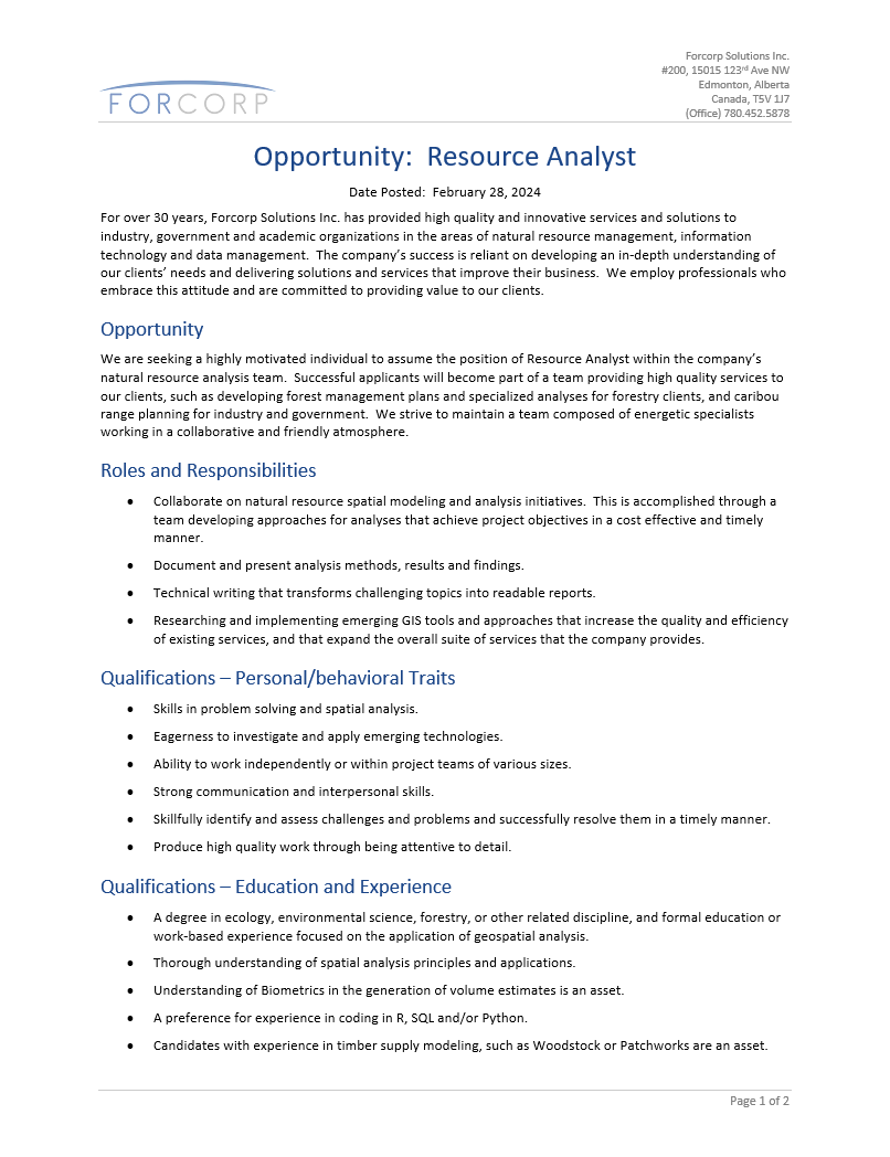 FORCORP's tweet photo. We're looking for a new Resource Analyst to join our team! 🌲 🖥️ 

Interested in applying? More details on this opportunity below ⬇️ https://t.co/oFq05AnaHr