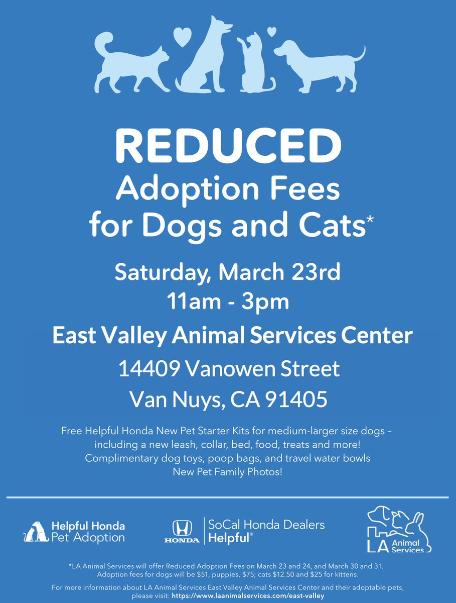 SoCal Honda Dealers will be at our East Valley Animal Services Center this Saturday, March 23, 2024 from 11AM-3PM to support animal welfare and encourage adoptions, making it easier for animals to find loving homes. See you there! #lacitypets #HumaneLA #adopt #foster