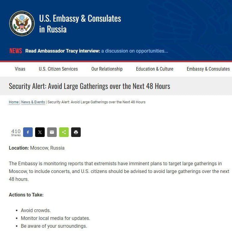 infiddel's tweet photo. Barusan banget ada kejadian pembantaian di salah satu mall Moskow, Russia dan kebetulan banget sebelum tragedi terjadi, US embassy posting ini. https://t.co/UREdOSqq3n