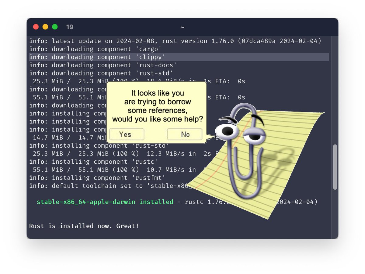 Installed <a href="/rustlang/">Rust Language</a> for the first time (really looking forward to try <a href="/rustembedded/">Rust Embedded Working Group</a>!) and saw an old friend on the install list... 🦀📎