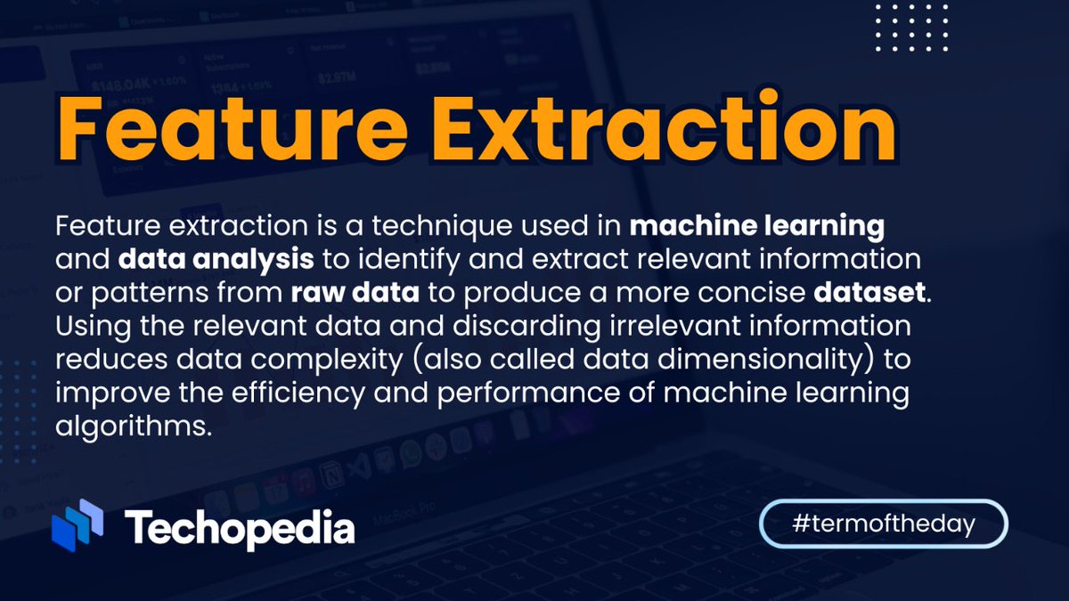 techopedia's tweet image. In machine learning, feature extraction is a way to reduce raw data by extracting the most relevant information for a task.
Learn more: i.mtr.cool/lpbabepvbf
#FeatureExtraction #MachineLearning #DataAnalysis #DataScience #AI